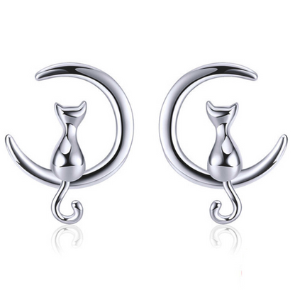 Kitty Cat Moon Stud Earrings for Women Sterling Silver Ginger Lyne Collection