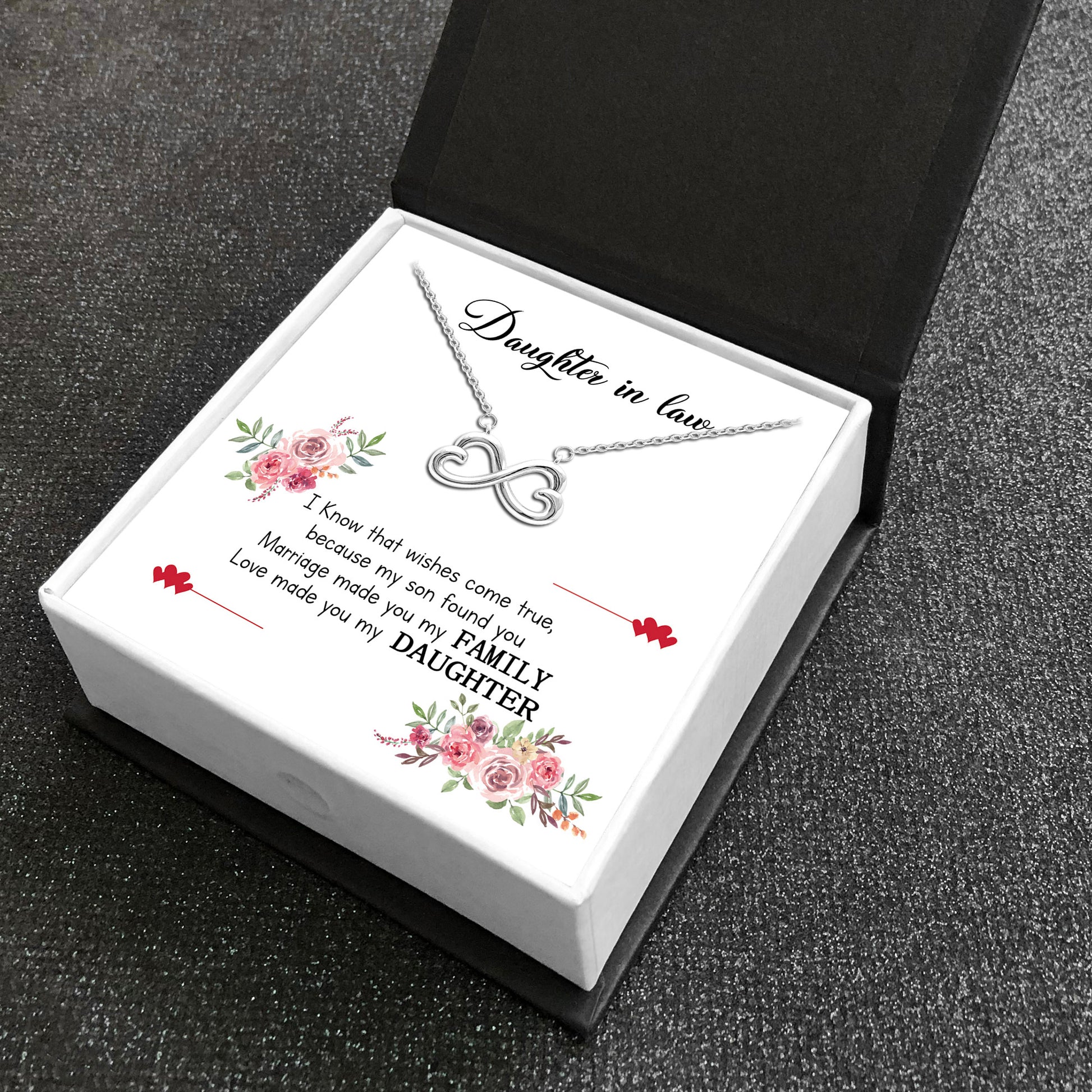 Daughter In Law Greeting Card Sterling Silver Infinity Hearts Necklace in Gift Box Ginger Lyne Collection - GC-1696