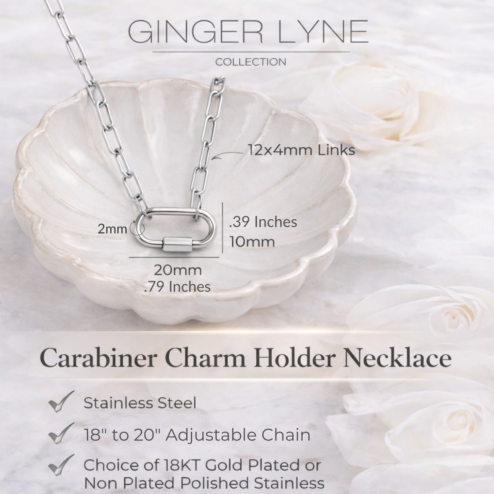 Carabiner Charm Holder Necklace for Women by Ginger Lyne Paperclip Chain Silver Stainless Steel 18-20" - Silver-PaperclipChain/Rect Sq CH