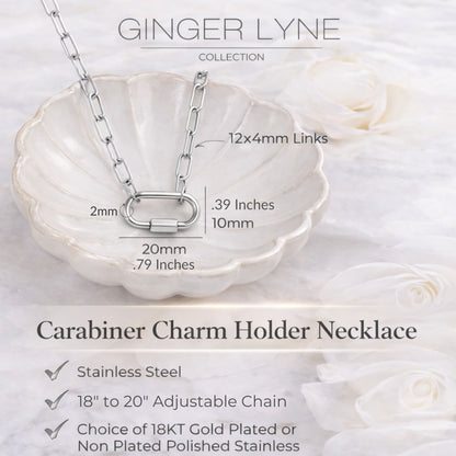 Carabiner Charm Holder Necklace for Women by Ginger Lyne Paperclip Chain Silver Stainless Steel 18-20" - Silver-PaperclipChain/Rect Sq CH
