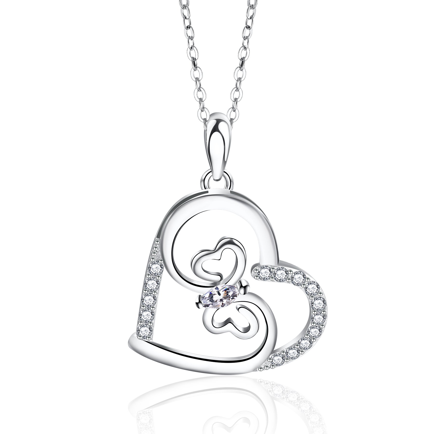 Hearts Sterling Silver Cz Pendant Chain Necklace for Women Ginger Lyne Collection