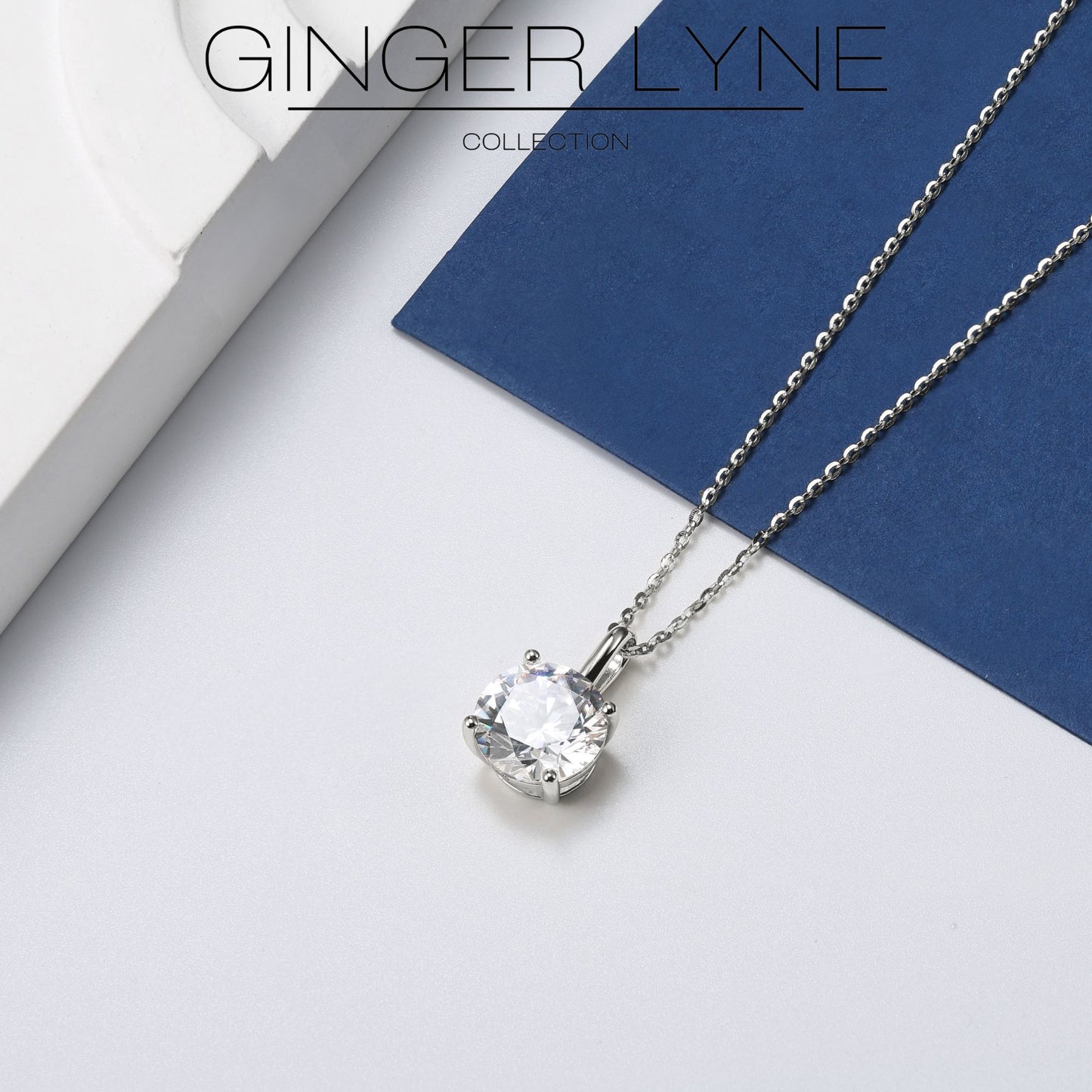 Round Solitaire Necklace for Women Sterling Silver 4 Ct 8A Cubic Zirconia Pendant 16-18" Chain by Ginger Lyne Colelction - White Gold-Tone