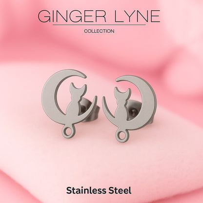 Ginger Lyne Cat Moon Earrings for Women Stainless Steel Kitty Studs Pet Jewelry Gifts for Her - Silver Tone