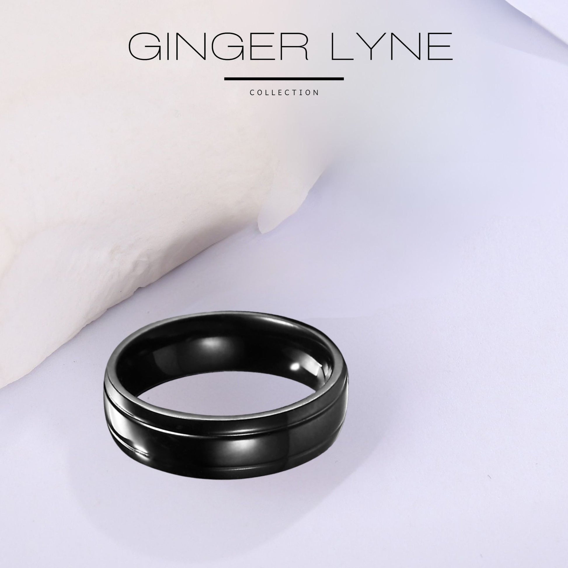 6mmStainlessSteelBlackWeddingBandRingWomenMenGingerLyneCollection_Black-2