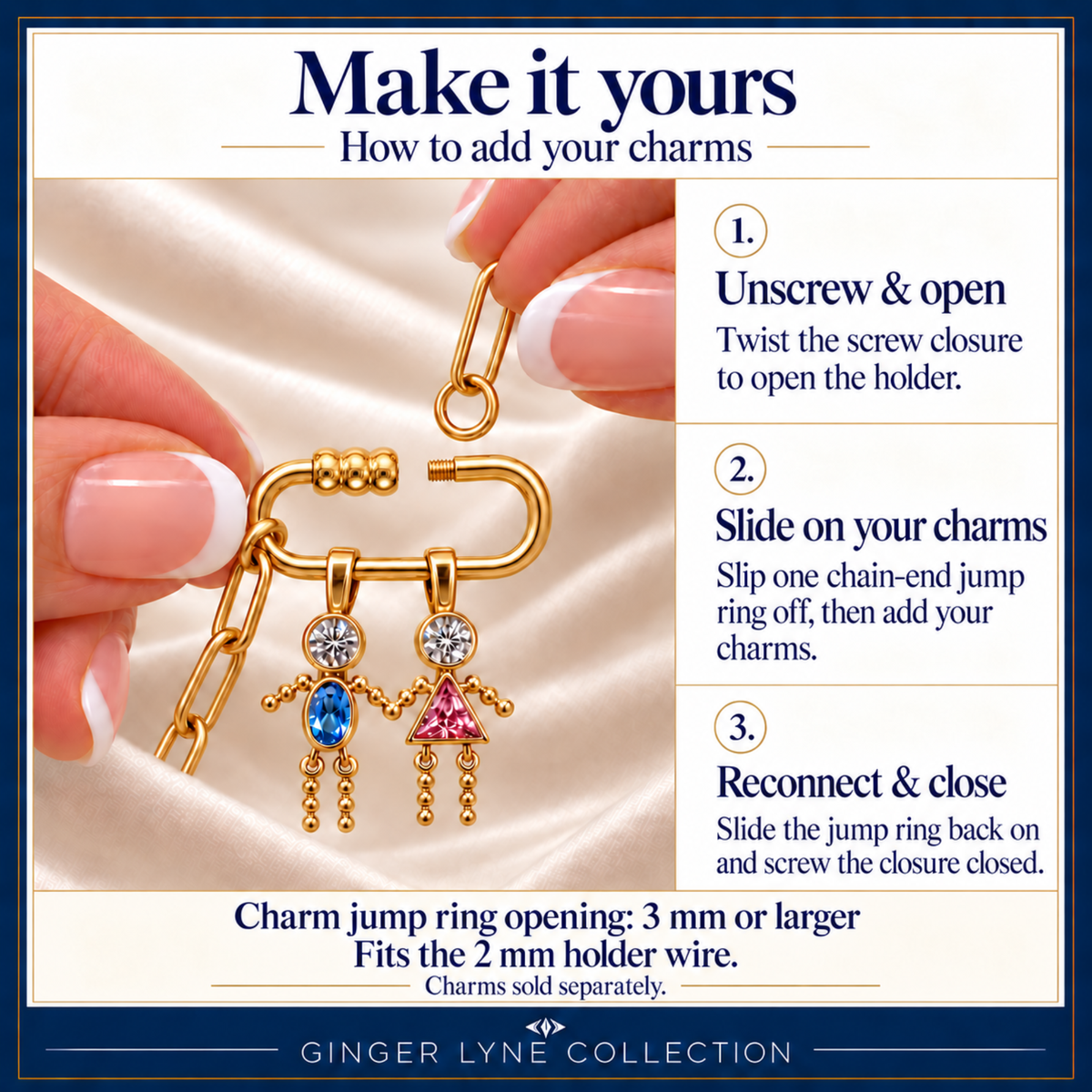 Gold Plated 3 Bead Screw Rectangle Carabiner Charm Holder Necklace Paperclip Chain 18-20 Inch Stainless Steel by Ginger Lyne - Gold-PaperclipChain/Rect 3 Bead CH