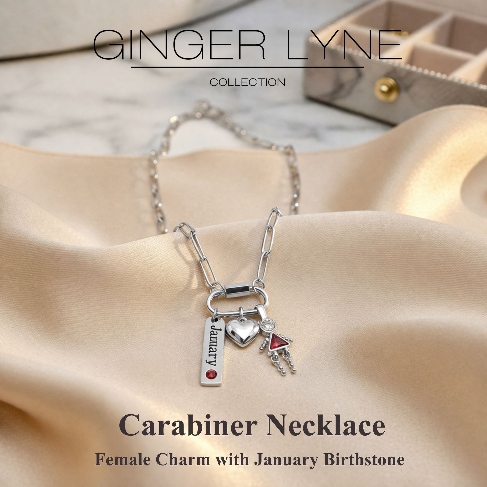 Carabiner Family Birthstone Necklace for Mom or Grandma by Ginger Lyne Stainless Steel CZ Birthday Charms_Female-January-Silver-2