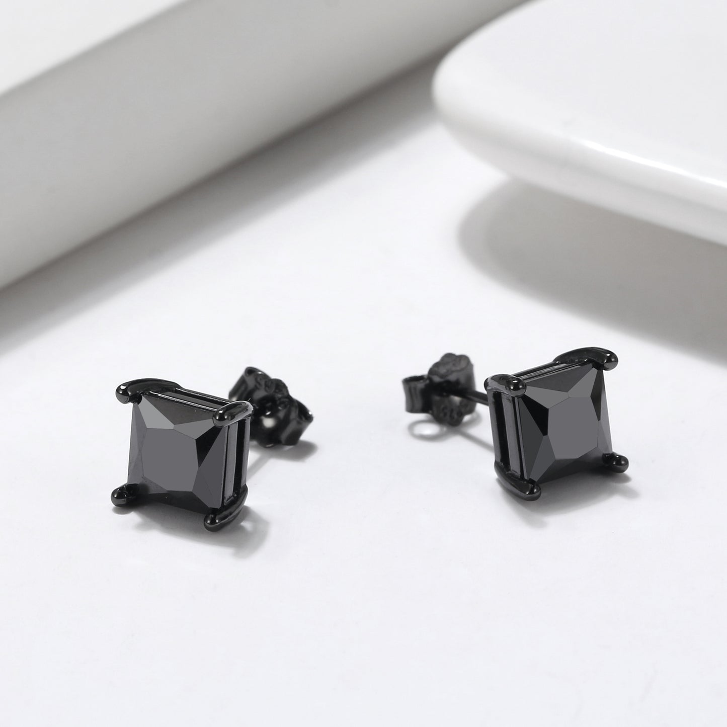 Princess Black Stud Earrings Cubic Zirconia Sterling Silver Ginger Lyne Collection