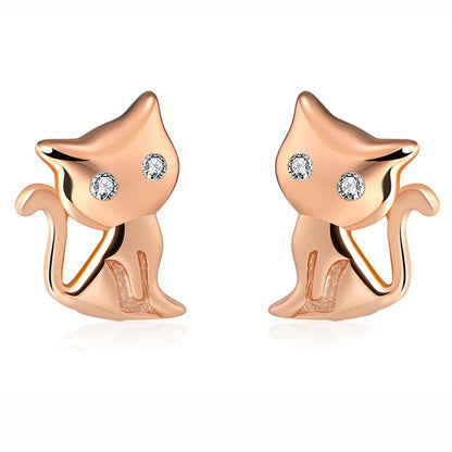 Kitty Cat Stud Earrings for Women Sterling Silver Cubic Zirconia Ginger Lyne Collection - Rose Gold