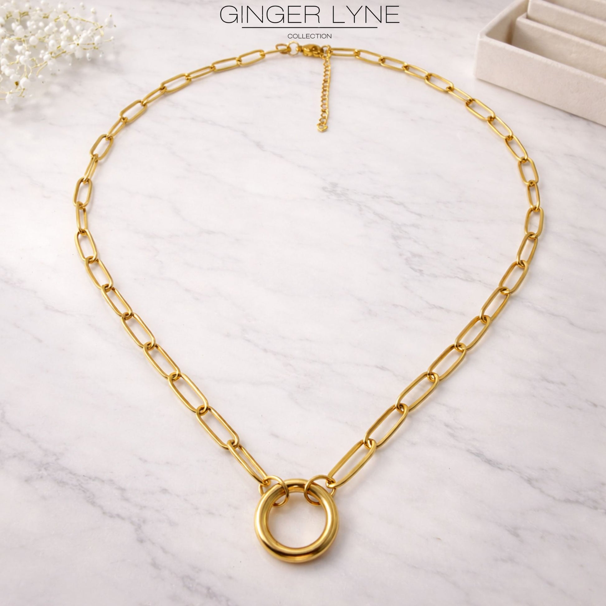 Carabiner Charm Necklace for Women Paperclip Chain Round Carabiner Holder Stainless Steel by Ginger Lyne - 20mm/Gold