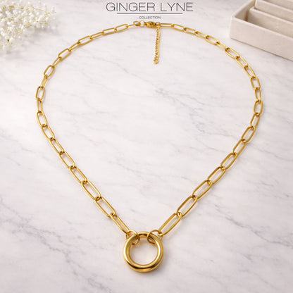 Carabiner Charm Necklace for Women Paperclip Chain Round Carabiner Holder Stainless Steel by Ginger Lyne - 20mm/Gold