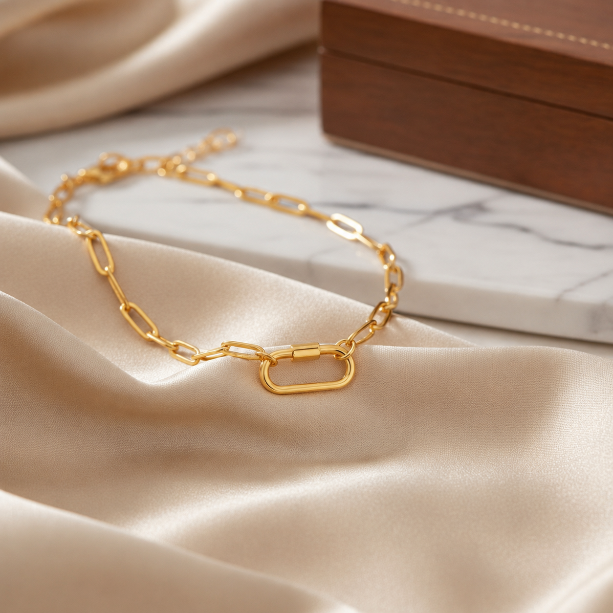 CarabinerCharmHolderNecklaceforWomenbyGingerLynePaperclipChain18KTGoldPlatedStainlessSteel18-20"_Gold-PaperclipChain/RectSqCH-2
