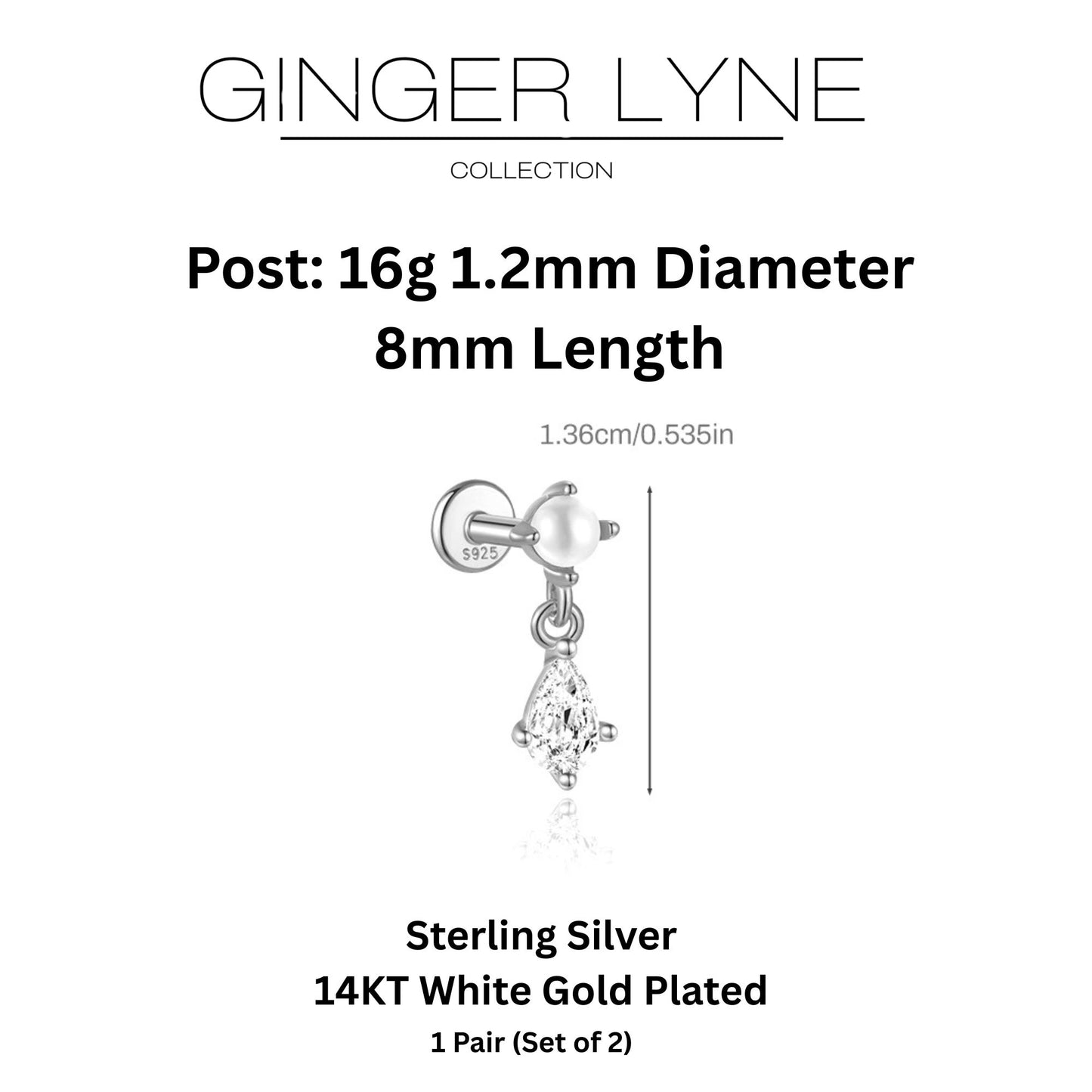 Pearl Dangle Flat Back Earrings for Women Sterling Silver 16g Cartilage Helix Lobe Body Piercing Stud Ginger Lyne - Silver