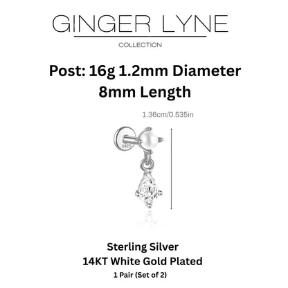 Pearl Dangle Flat Back Earrings for Women Sterling Silver 16g Cartilage Helix Lobe Body Piercing Stud Ginger Lyne - Silver