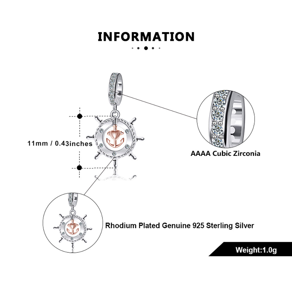 Nautical Ships Wheel Charm European Bead CZ Sterling Silver Ginger Lyne Collection