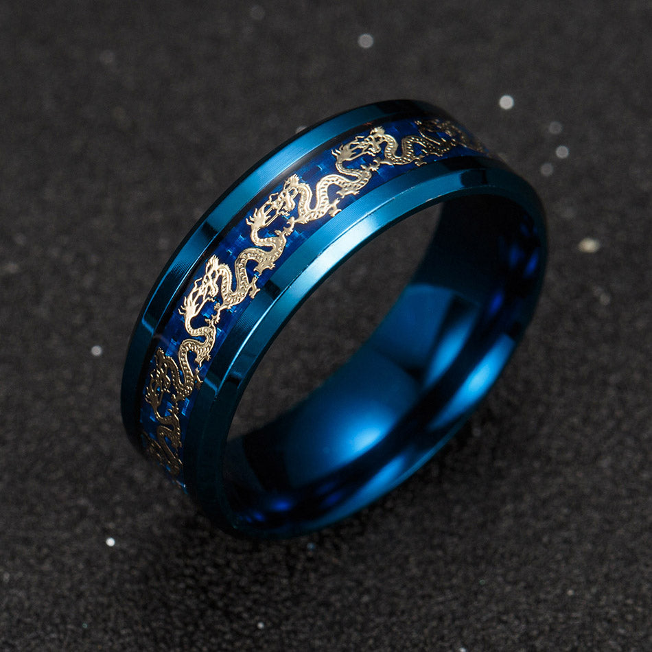 Dragon Wedding Band for Women or Men Black or Blue Stainless Steel Ring by Ginger Lyne Collection