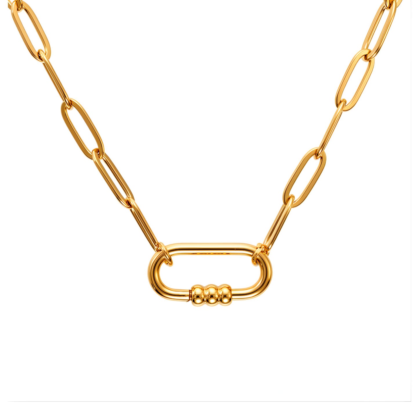 CarabinerCharmHolderNecklaceforWomenbyGingerLynePaperclipChain18KTGoldPlatedStainlessSteel18-20"_Gold-PaperclipChain/Rect3BeadCH-1