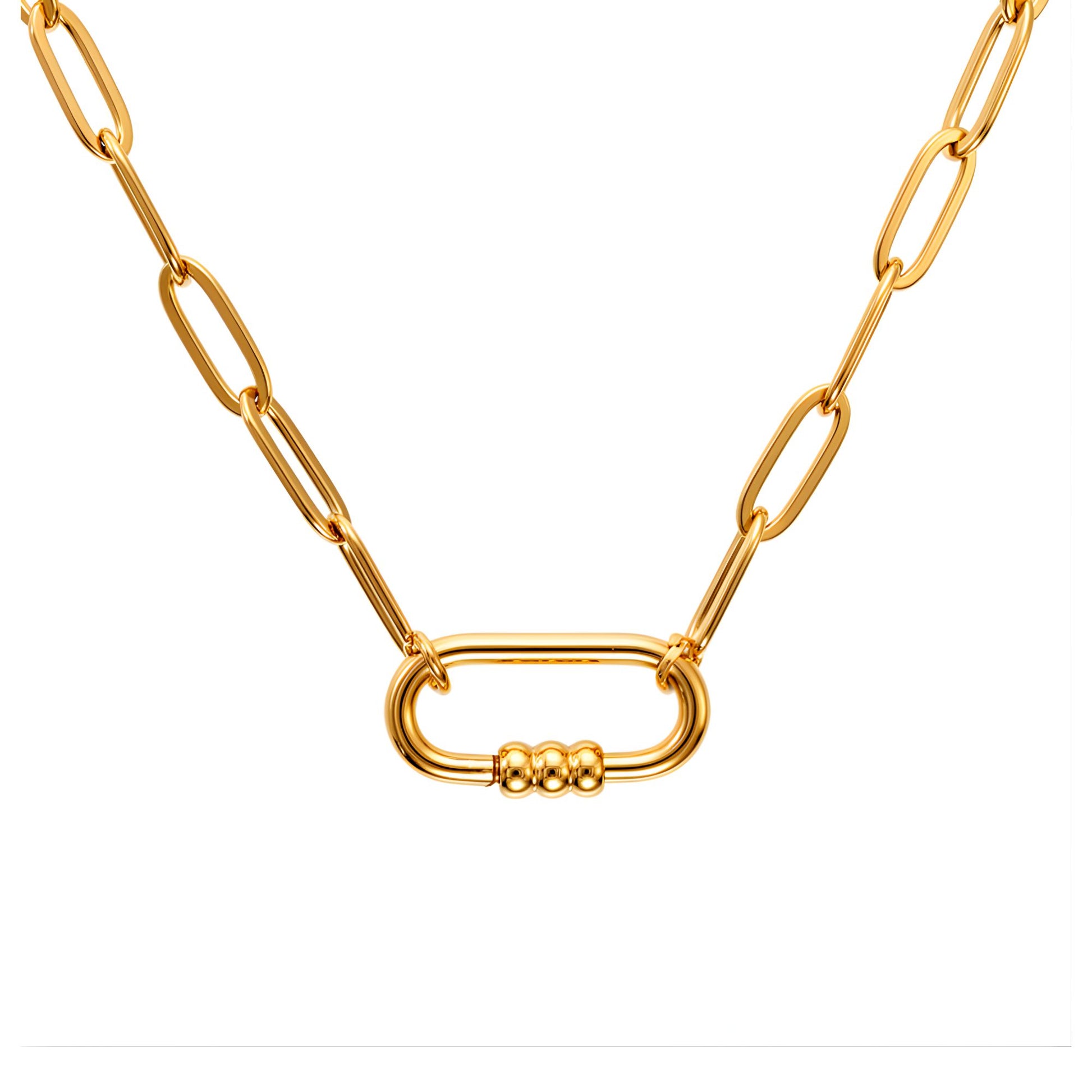 CarabinerCharmHolderNecklaceforWomenbyGingerLynePaperclipChain18KTGoldPlatedStainlessSteel18-20"_Gold-PaperclipChain/Rect3BeadCH-1