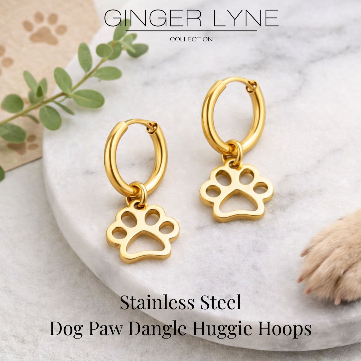 DogPawCharmDangleHuggieHoopEarringsforWomenbyGingerLyne16mmStainlessSteel_Gold-6