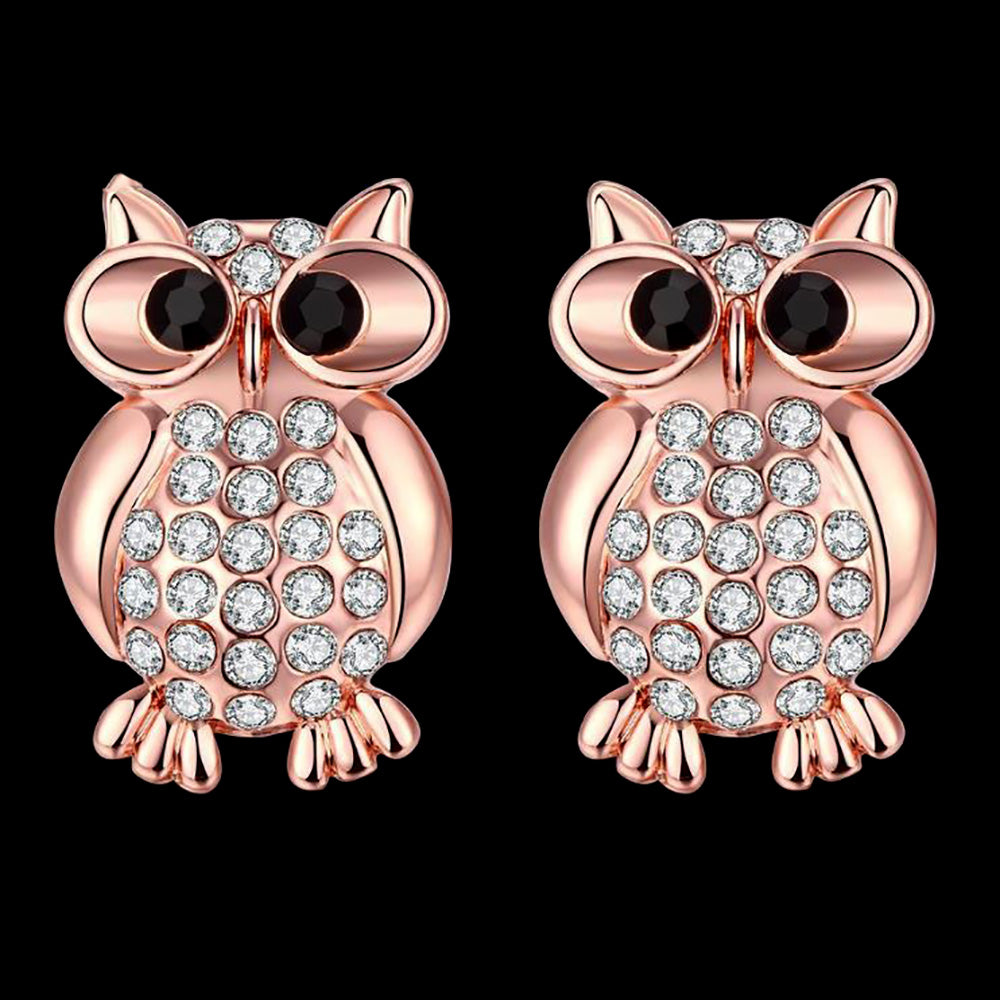 Hoot Owl Stud Earrings Rose Gold Plated Cz Teacher Women Ginger Lyne Collection