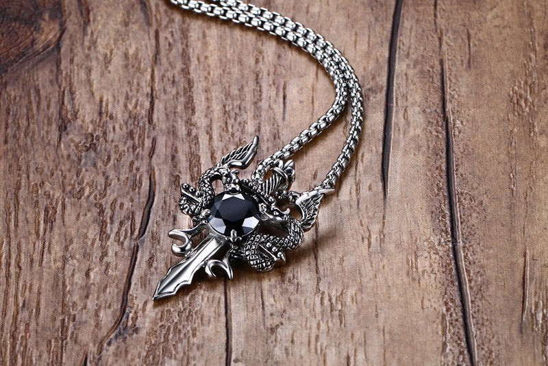 Dragon Sword Necklace for Men or Women  Stainless Steel Black Cz Gothic Ginger Lyne Collection