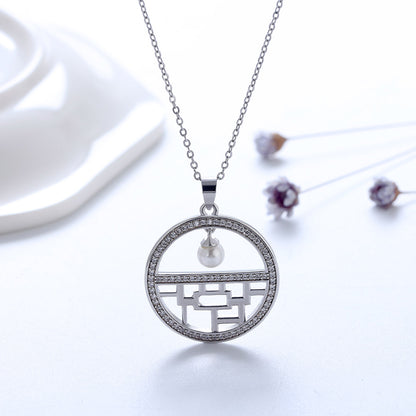 Flower Window Pattern Pendant Necklace for Women Cz Simulated Pearl Ginger Lyne Collection - Silver