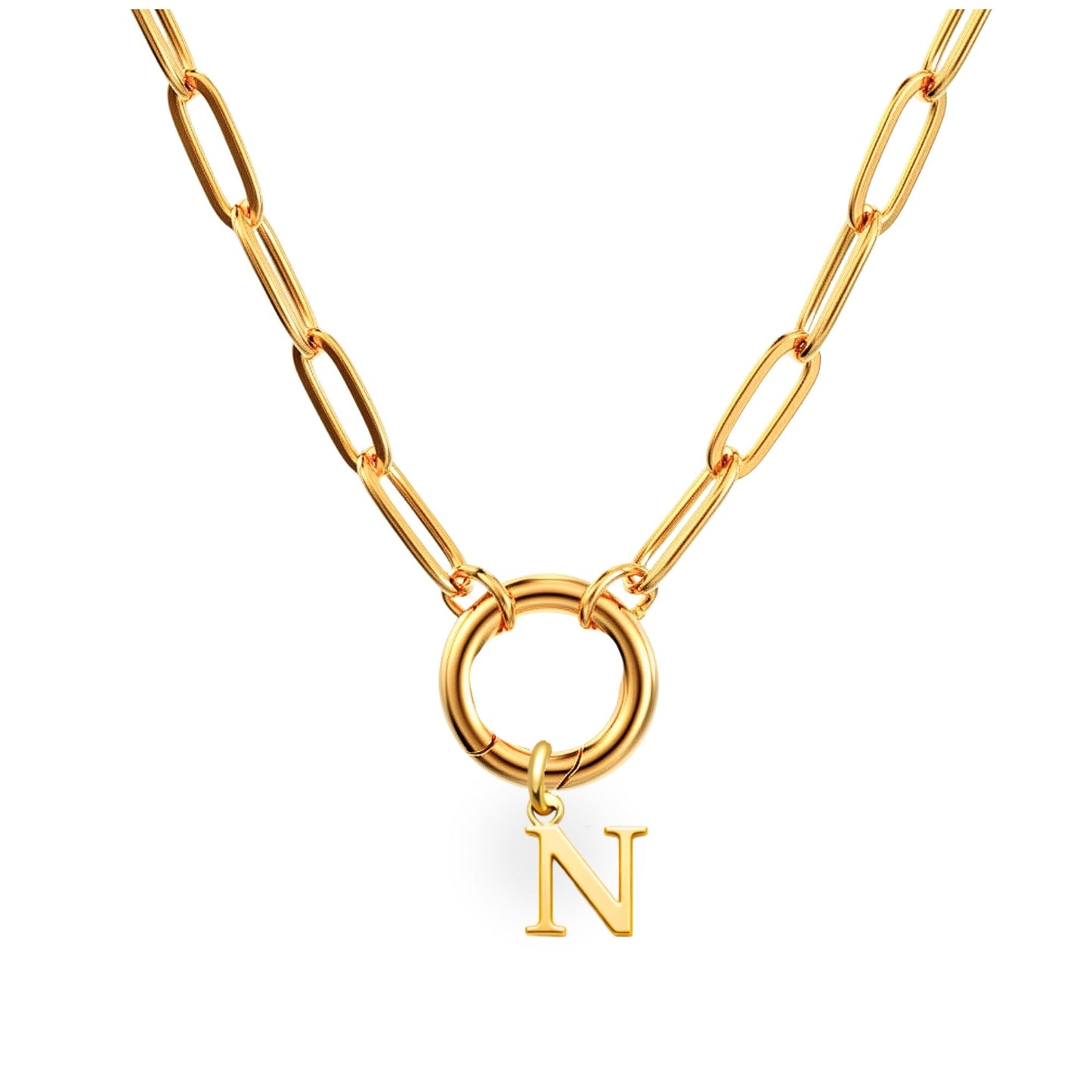 PaperclipLinkCircleCarabinerIntialLetterCharmHolderNecklaceforWomen18ktGoldPlatedStainlessSteelGingerLyne_Gold-N-1