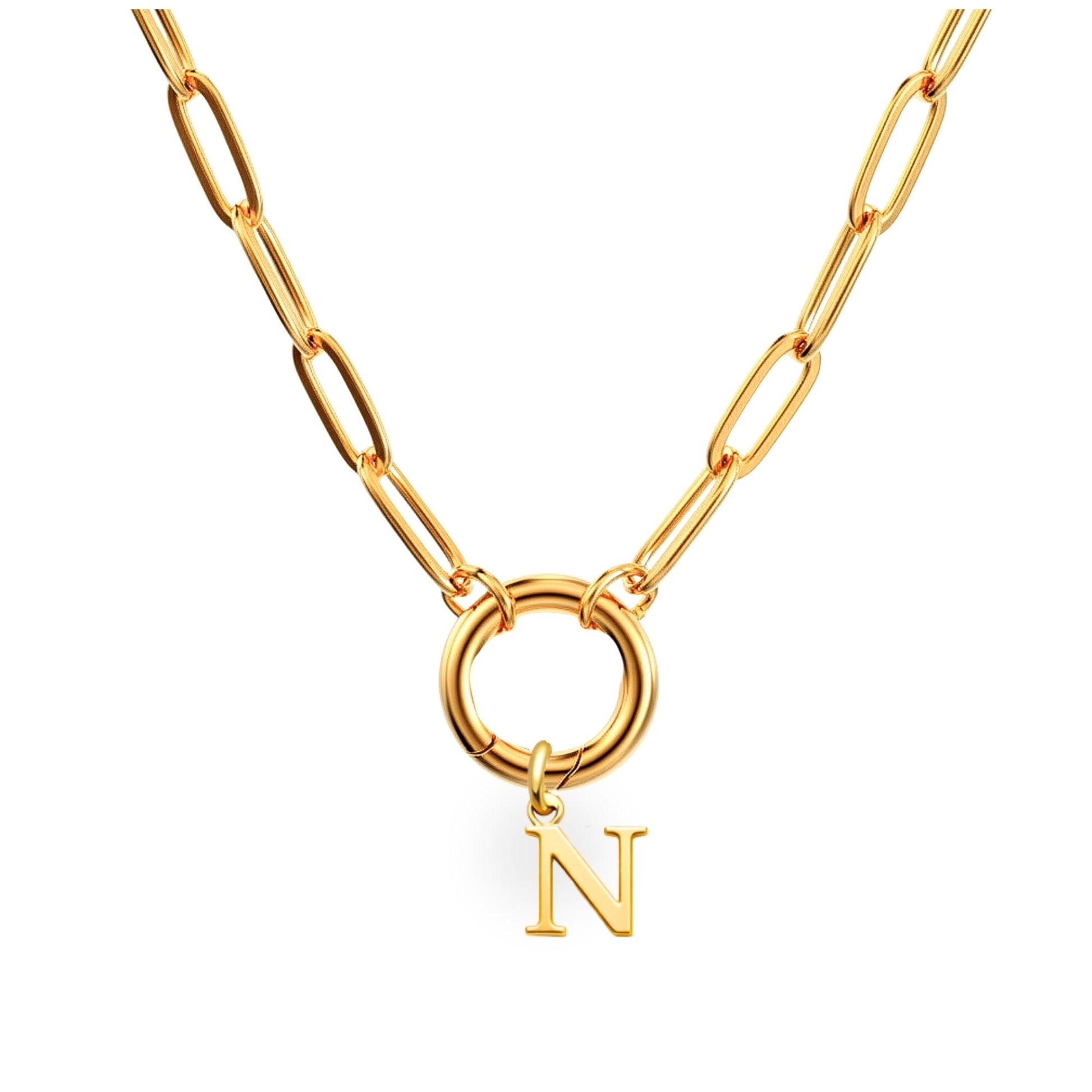 PaperclipLinkCircleCarabinerIntialLetterCharmHolderNecklaceforWomen18ktGoldPlatedStainlessSteelGingerLyne_Gold-N-1