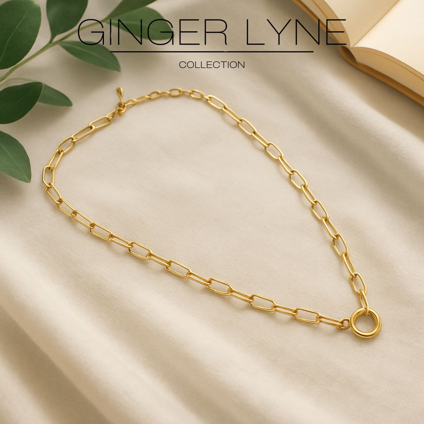 PaperclipLinkCircleCharmHolderNecklaceforWomenStainlessSteel18"-20"GingerLyneCollection_GoldTone-2