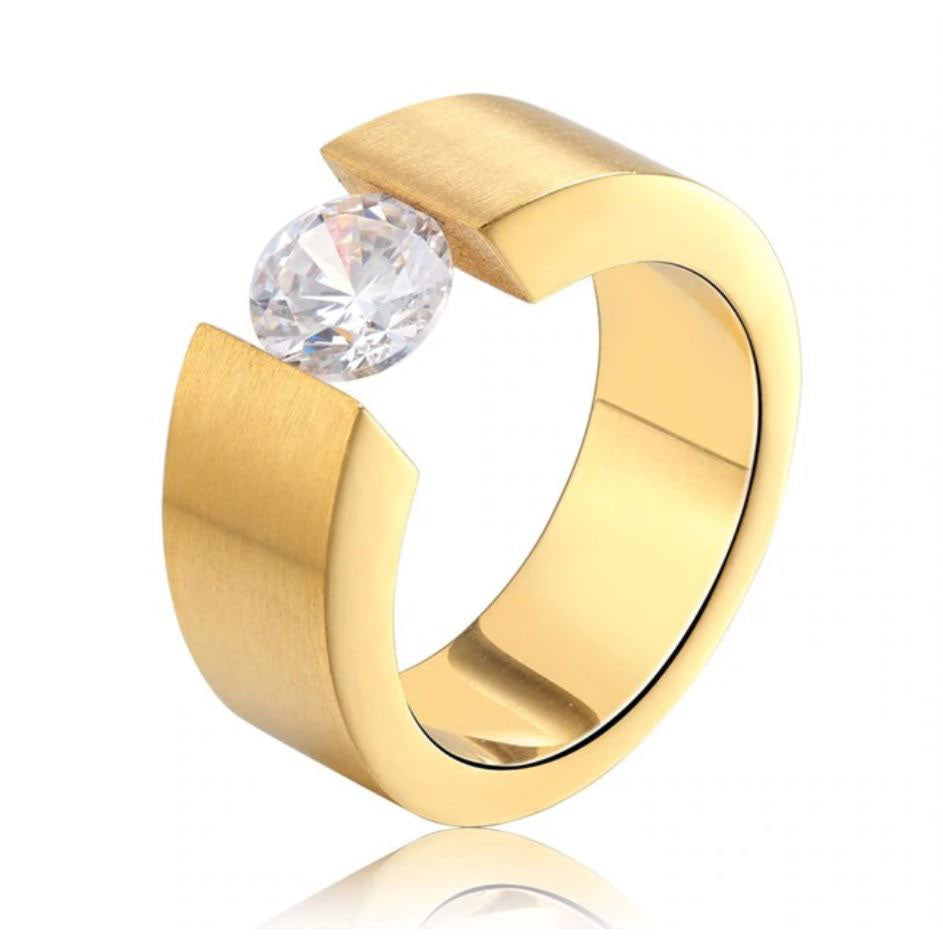 Wedding Band Ring for Men or Women 8mm Wide Gold Stainless Steel 1 Ct Cz Ginger Lyne Collection - 9
