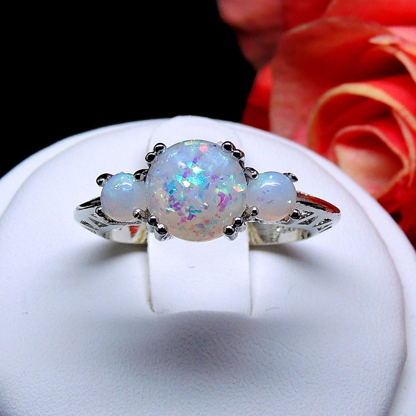 Fleur Statement Ring 3 Stone Fire Opal Engagement Womens Ginger Lyne Collection