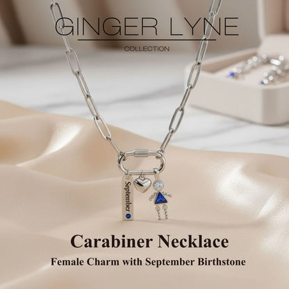 Carabiner Family Birthstone Necklace for Mom or Grandma by Ginger Lyne Stainless Steel CZ Birthday Charms_Female-September-Silver-2