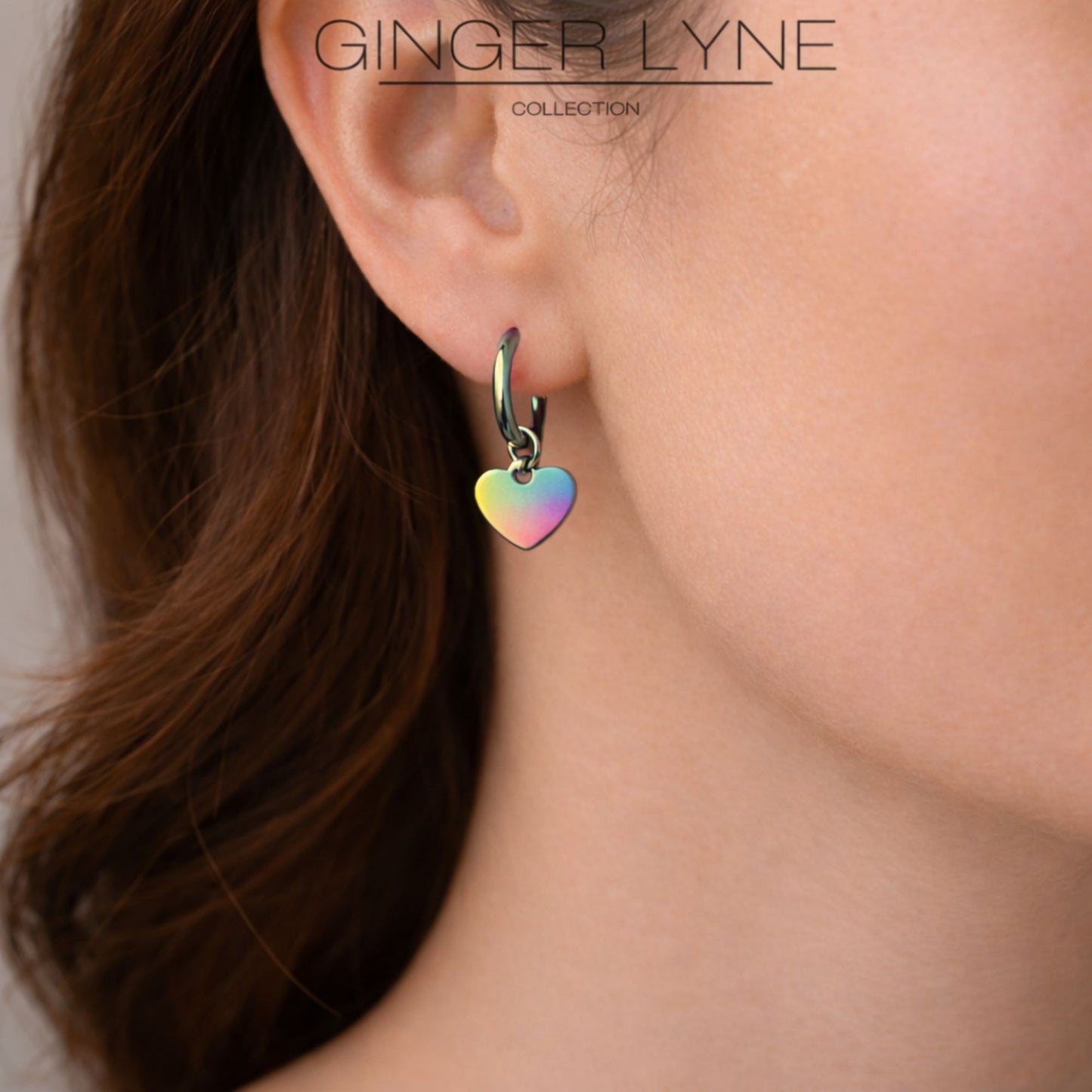 Thin Heart Charm Hoop Earrings by Ginger Lyne Stainless Steel for Lobe Cartilage Piercing Body Jewelry - Rainbow