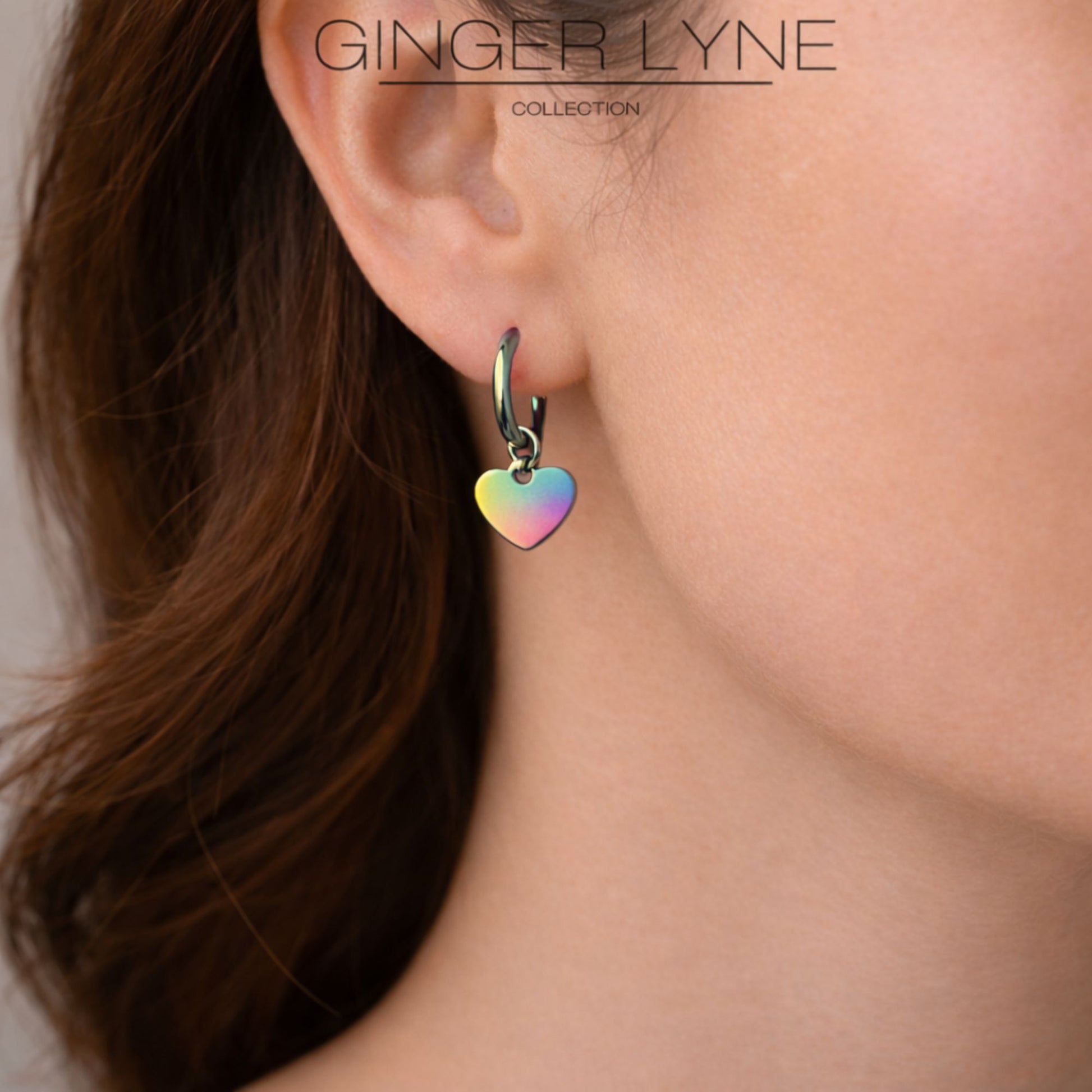 Thin Heart Charm Hoop Earrings by Ginger Lyne Stainless Steel for Lobe Cartilage Piercing Body Jewelry - Rainbow