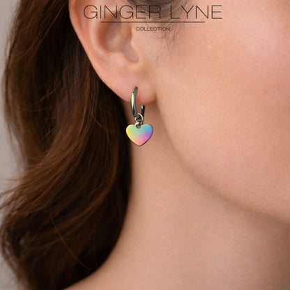 Thin Heart Charm Hoop Earrings by Ginger Lyne Stainless Steel for Lobe Cartilage Piercing Body Jewelry - Rainbow