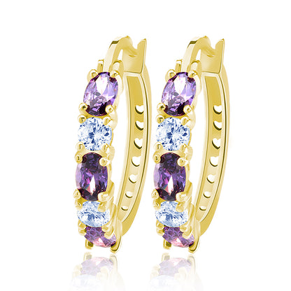 Gold Plated Hoop Earrings for Women Purple Cubic Zirconia 25mm Hoops Hinged Back Ginger Lyne Collection - Gold
