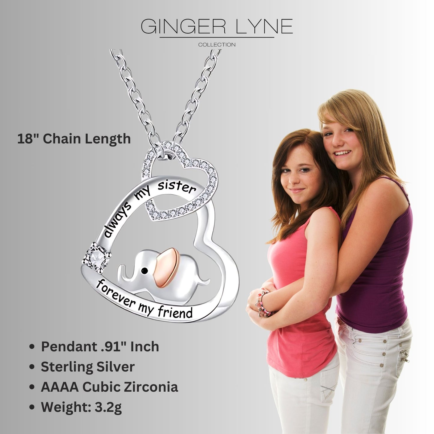 Sister Elephant Heart Pendant Necklace for Women Sterling Silver CZ Ginger Lyne Collection