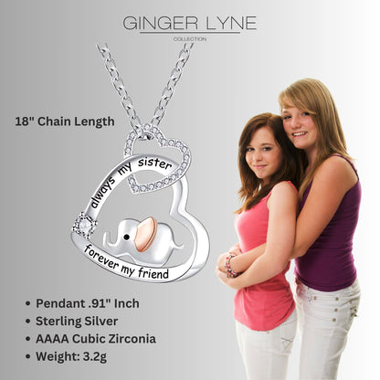 Sister Elephant Heart Pendant Necklace for Women Sterling Silver CZ Ginger Lyne Collection