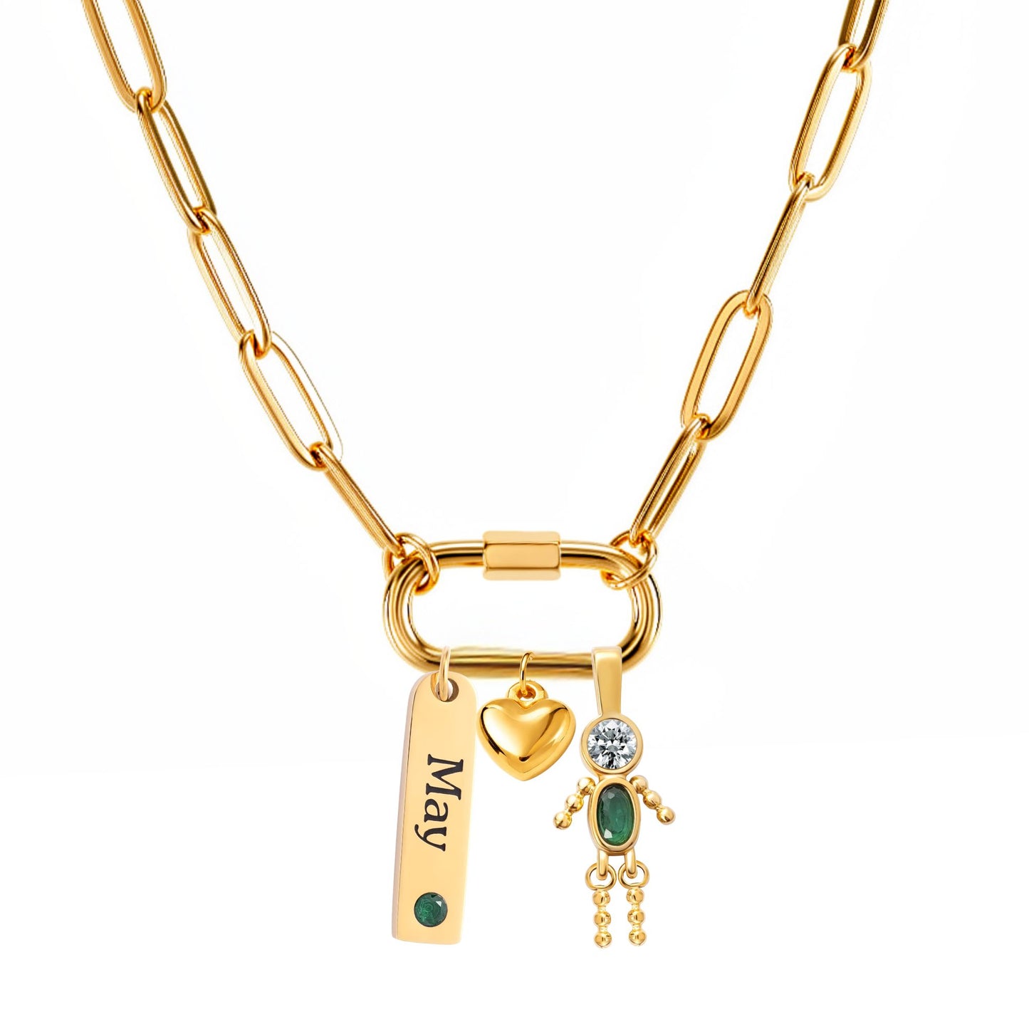 CarabinerFamilyBirthstoneNecklaceforMomorGrandmabyGingerLyneStainlessSteelCZBirthdayCharms_Male-May-Gold-1