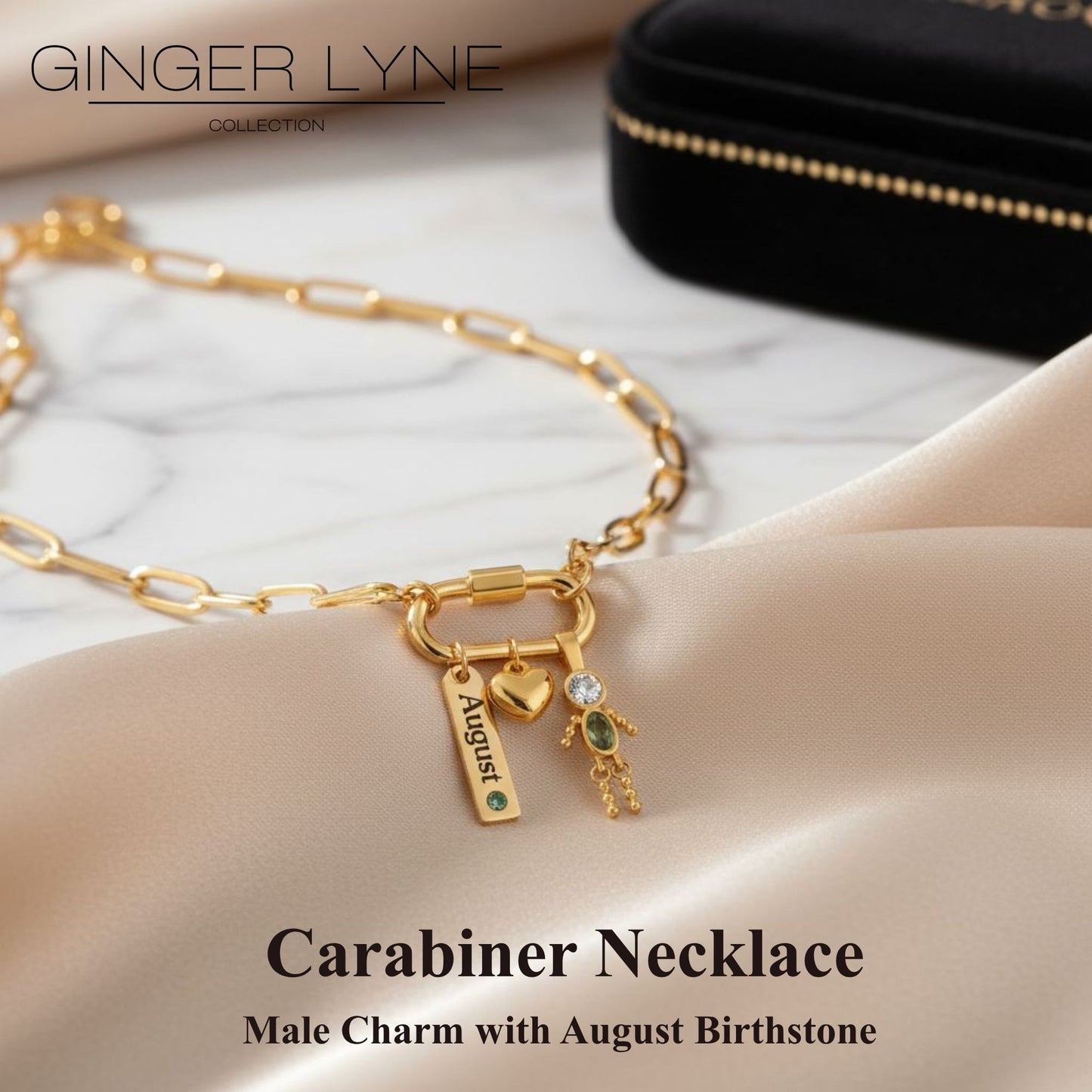 Carabiner Family Birthstone Necklace for Mom or Grandma by Ginger Lyne Stainless Steel CZ Birthday Charms_Male-August-Gold-2