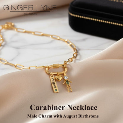 Carabiner Family Birthstone Necklace for Mom or Grandma by Ginger Lyne Stainless Steel CZ Birthday Charms_Male-August-Gold-2