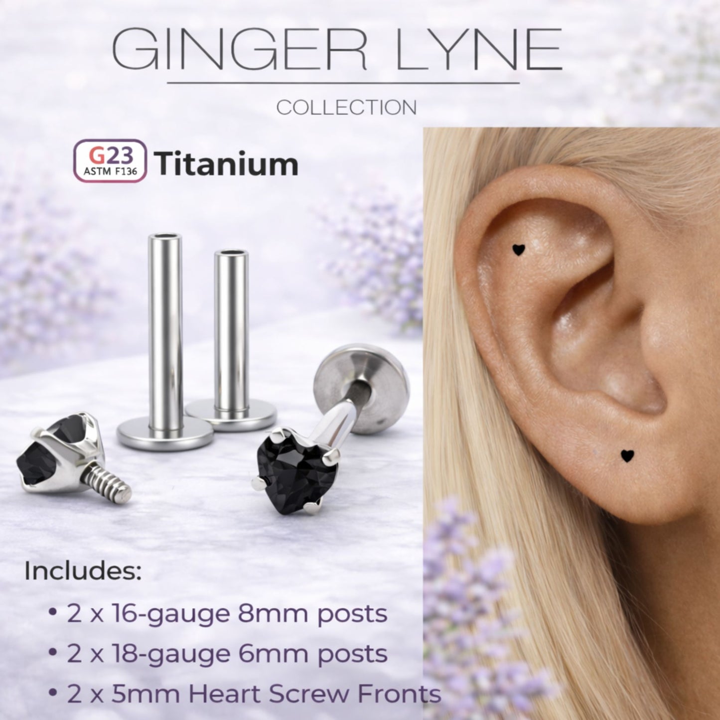 Small Heart CZ Solitaire Flat Back Stud Earrings Titanium Body Piercings by Ginger Lyne 2 Sets Post 6mm 8mm - 3mm-Black