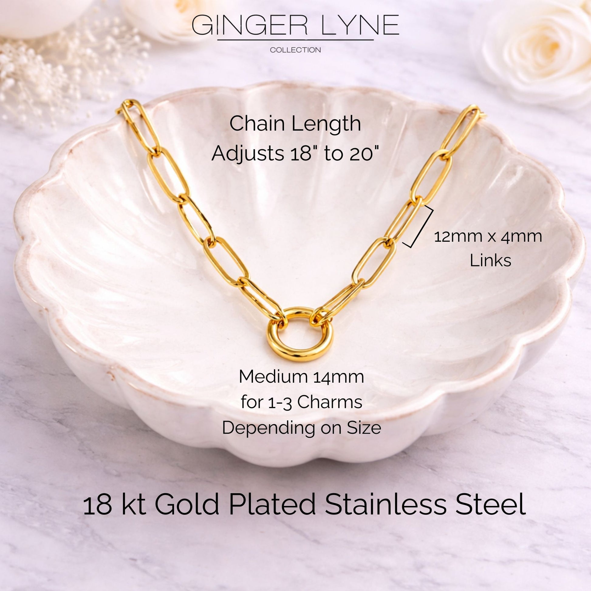 Carabiner Charm Necklace for Women Paperclip Chain Round Carabiner Holder Stainless Steel by Ginger Lyne - 14mm/Gold