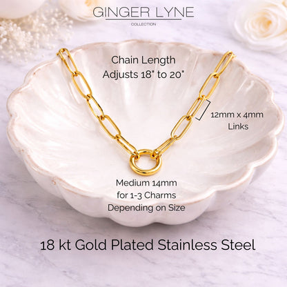 Carabiner Charm Necklace for Women Paperclip Chain Round Carabiner Holder Stainless Steel by Ginger Lyne - 14mm/Gold