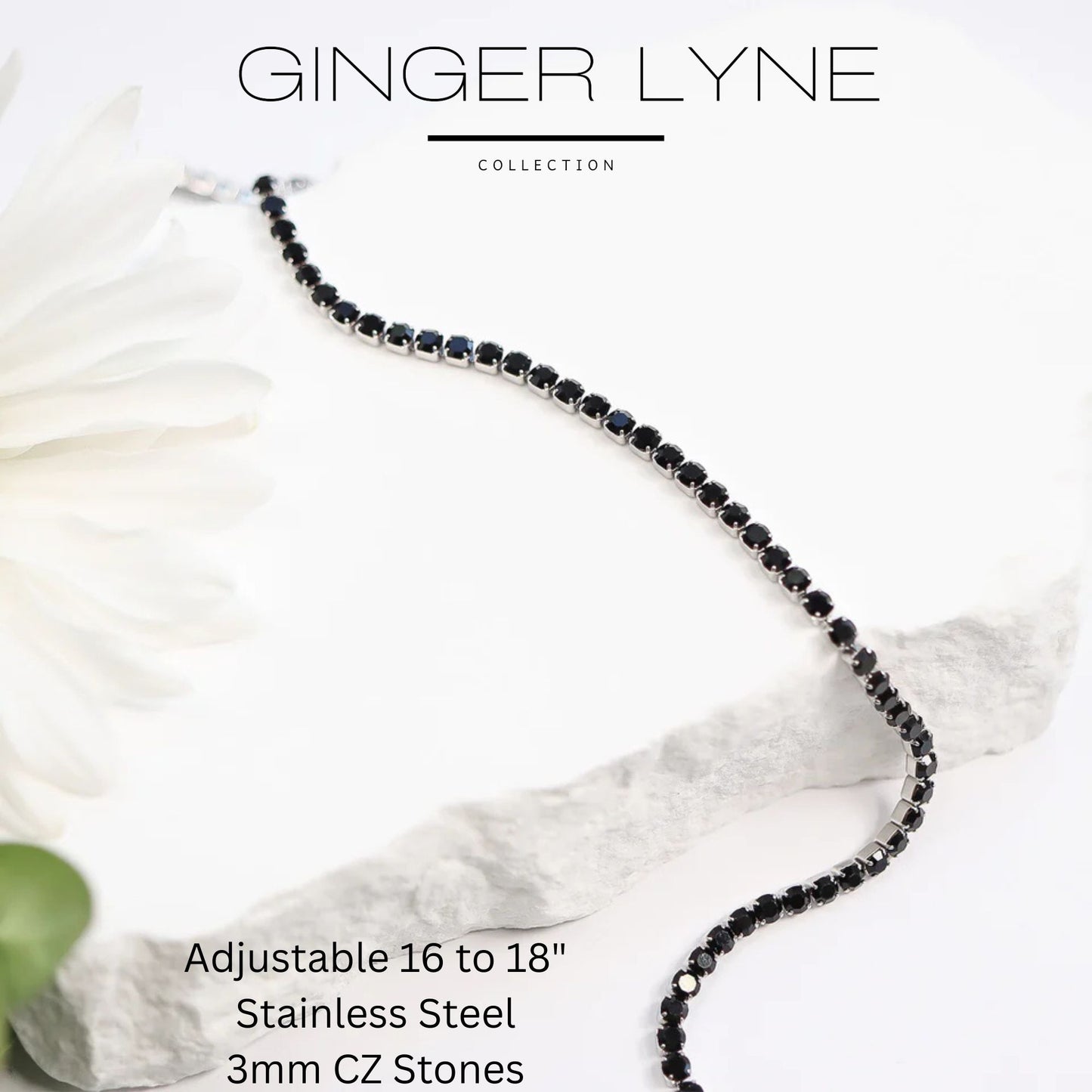 Tennis Necklace for Women 3mm Black or Clear Cubic Zirconia Choker 16-18" Adjust Length Stainless Steel - Black