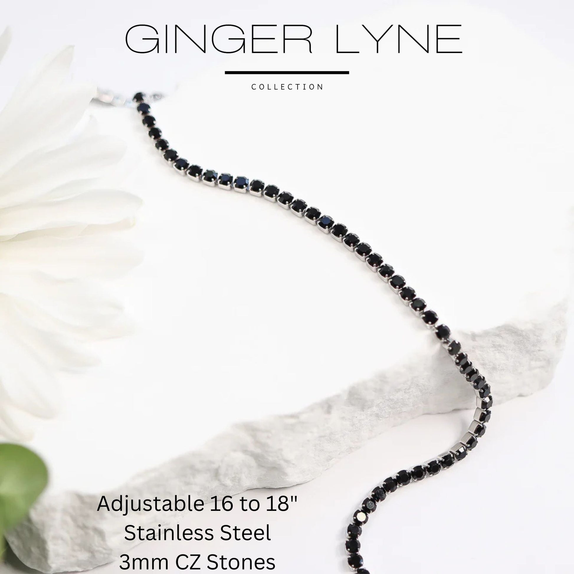 Tennis Necklace for Women 3mm Black or Clear Cubic Zirconia Choker 16-18" Adjust Length Stainless Steel - Black