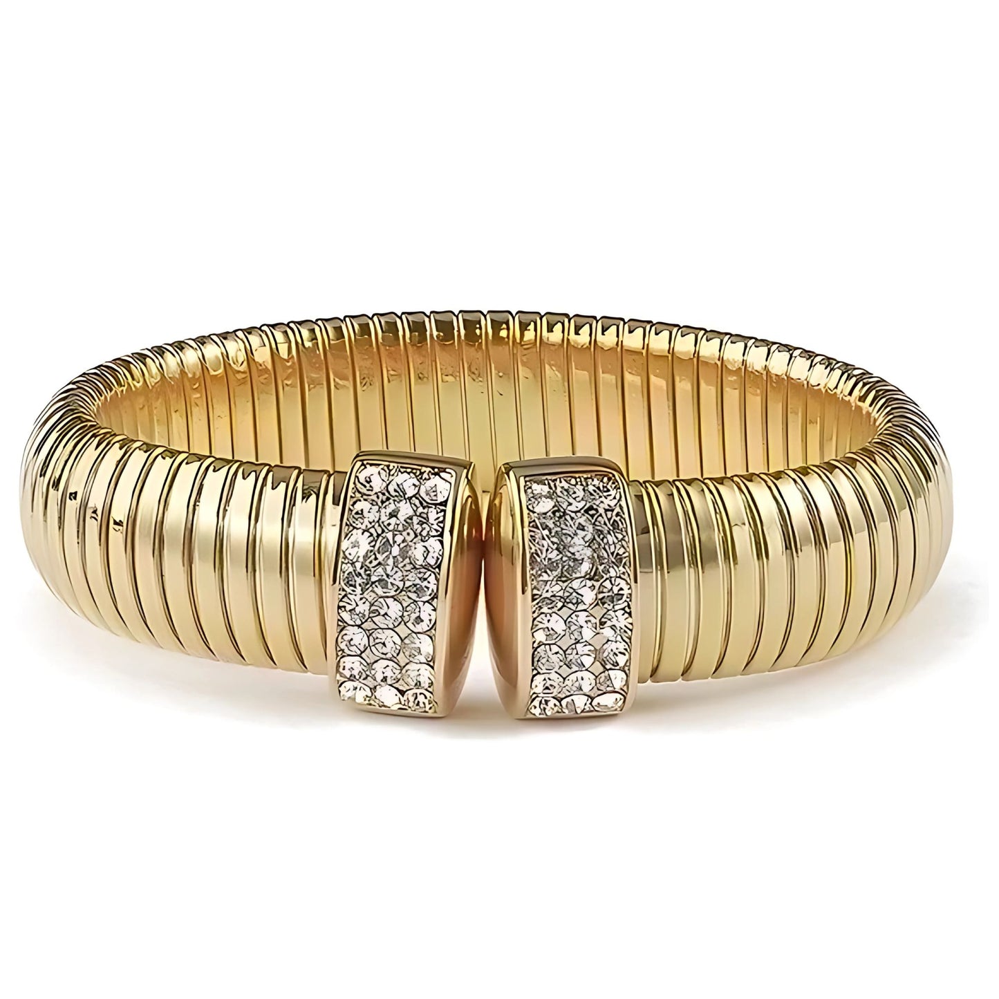 RibbedStretchBangleBraceletforWomenStainlessSteelCubicZirconiaCuffGingerLyneCollection_Gold-1