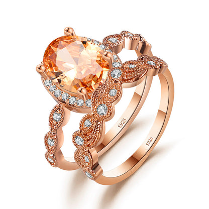 Amara Bridal Set Rose Sterling Silver Cz Engagement Ring Wedding Band Ginger Lyne Collection - Rose Gold,7