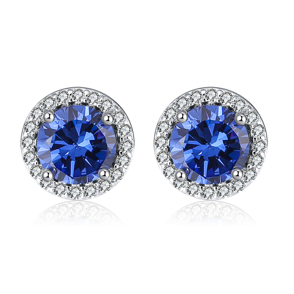 Round Halo Stud Earrings for Women Sterling Silver Blue Cz Womens Ginger Lyne Collection - Blue