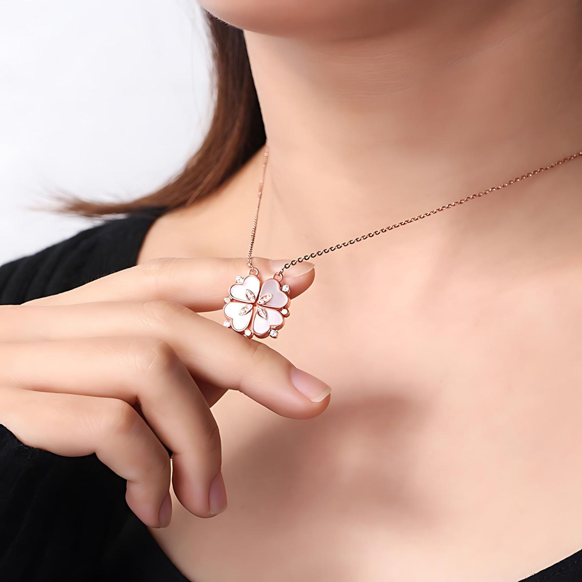 4 Leaf Clover Heart Pendant Necklace for Women Magnetic Sterling Silver Ginger Lyne Collection - Rose Gold