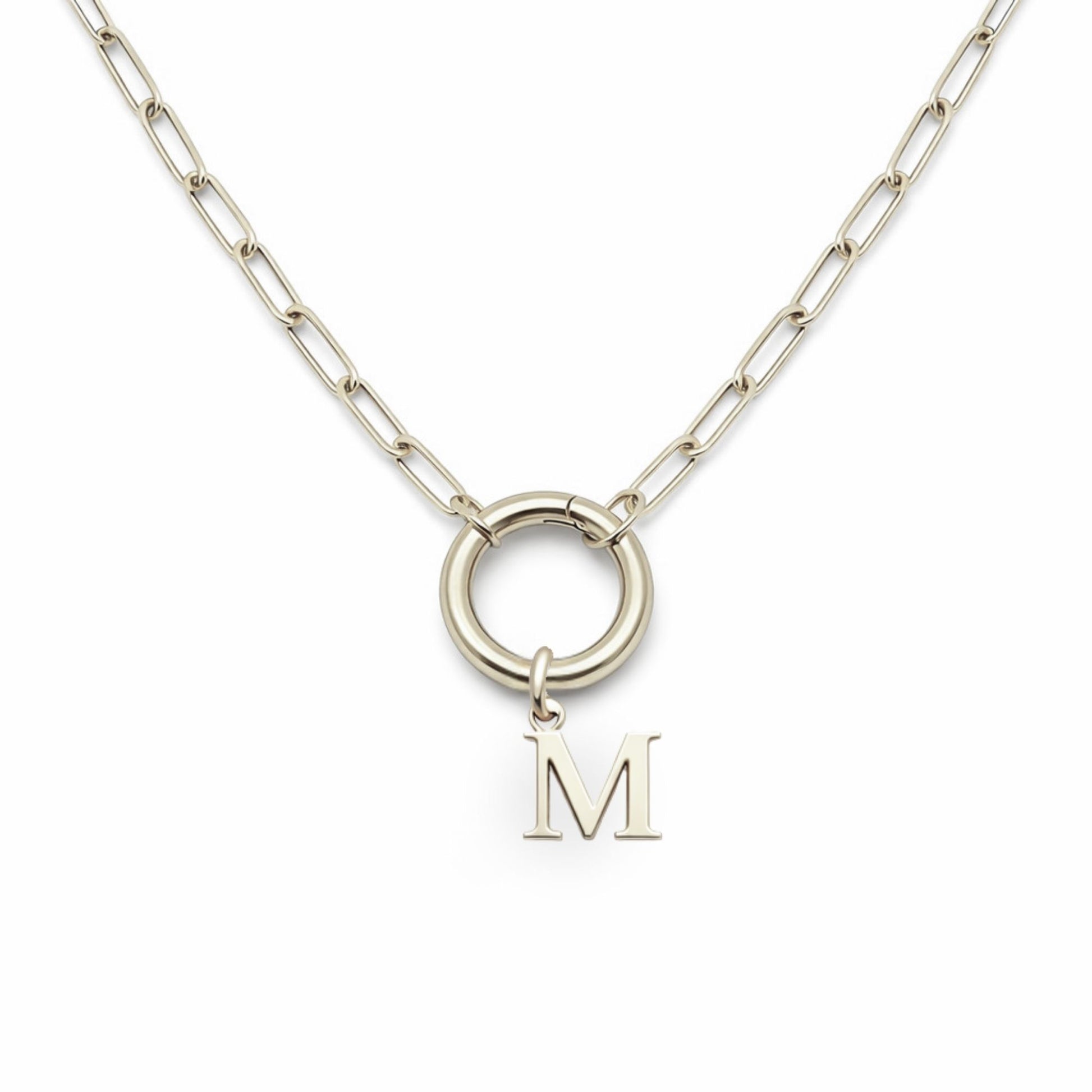 PaperclipLinkCircleCarabinerIntialLetterCharmHolderNecklaceforWomenStainlessSteel20"GingerLyne_Silver-M-1